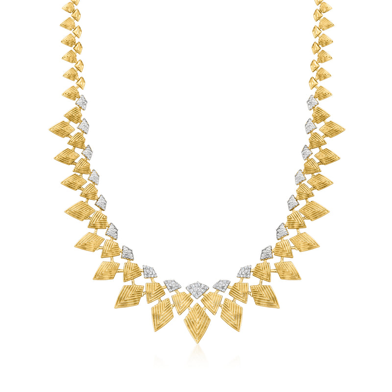 Geometric bib necklace with gold geometric links and small diamond-like stones