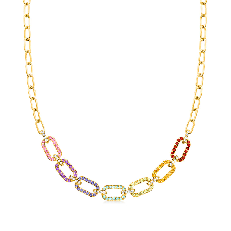 18kt gold over sterling paper-clip link necklace with multicolor gemstone stations