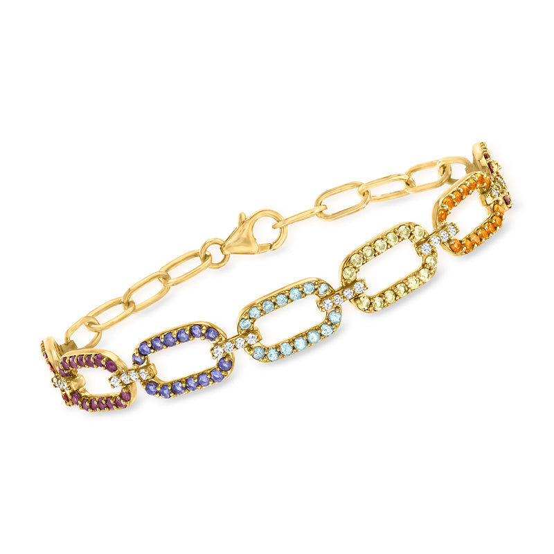 Multi-gemstone paper clip link bracelet in gold over sterling