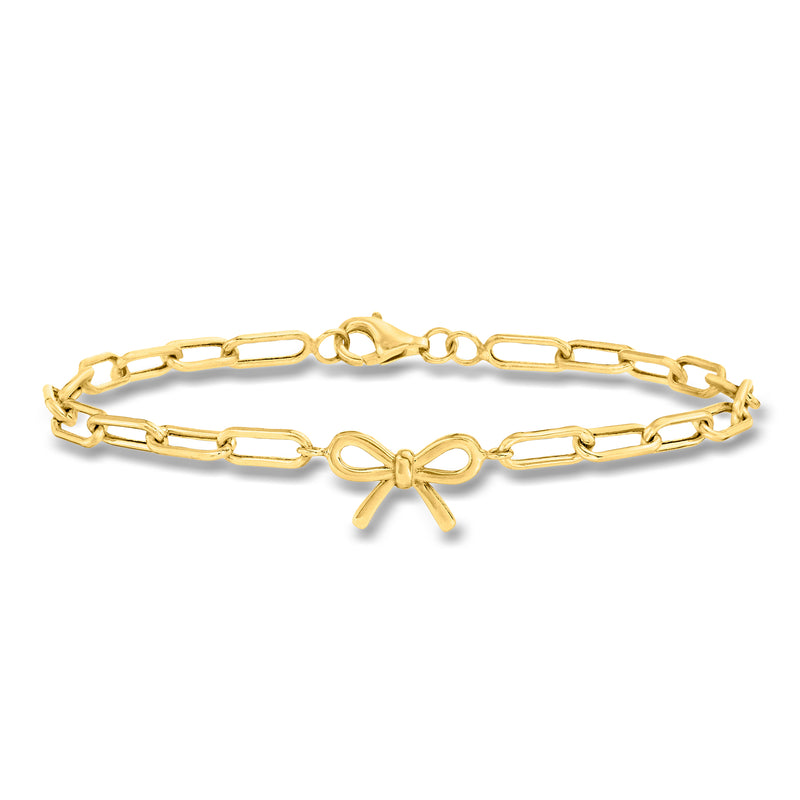 Yellow gold bow charm paper clip link bracelet