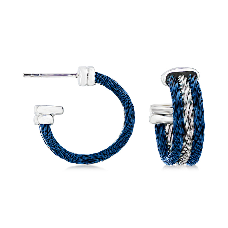 Blue and gray cable hoop earrings with white metal clasps and wire hoop