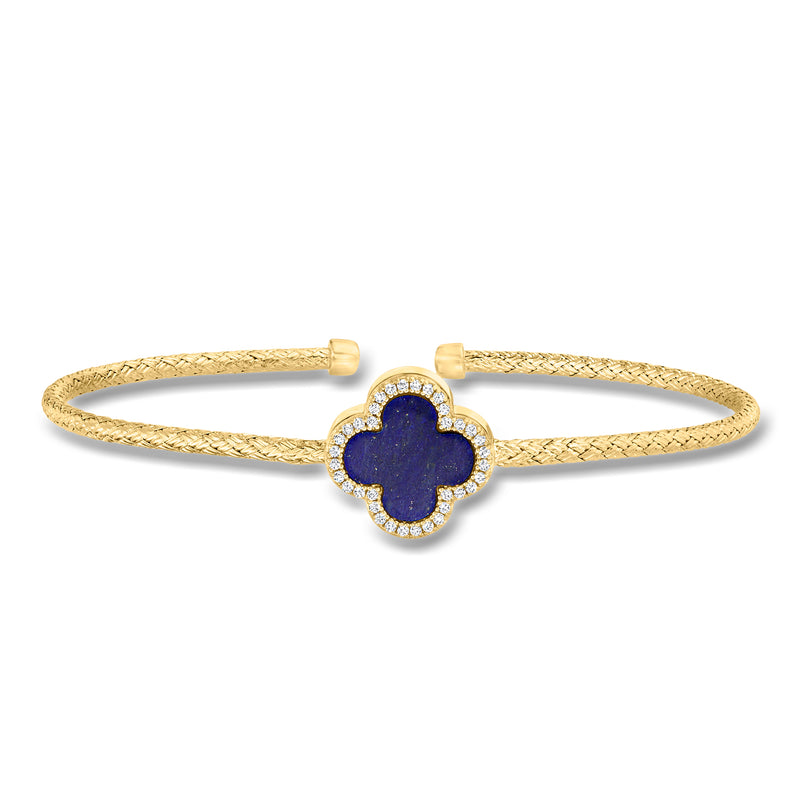 Gold over sterling clover cuff bracelet with blue center and CZ halo
