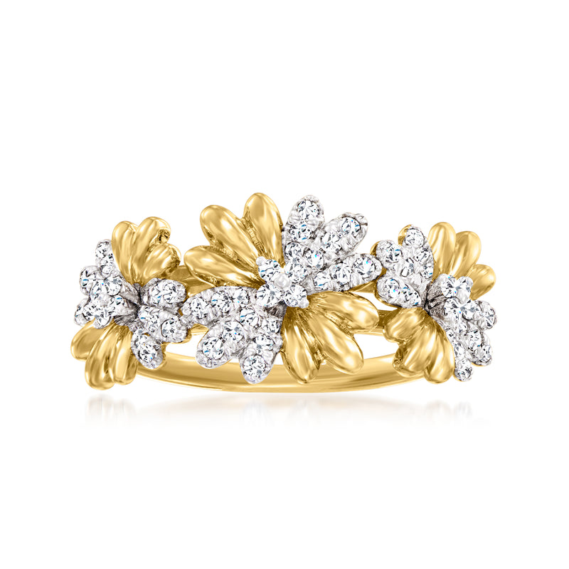 14kt yellow gold diamond flower ring with bright round stones, petal-style setting