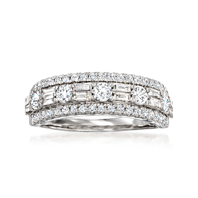 1.00 ct round and baguette diamond ring in 14kt white gold, prong-set stones in a band
