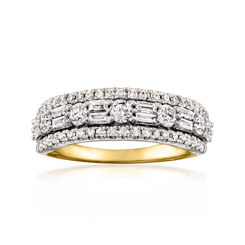 14kt yellow gold diamond ring with baguette and round stones