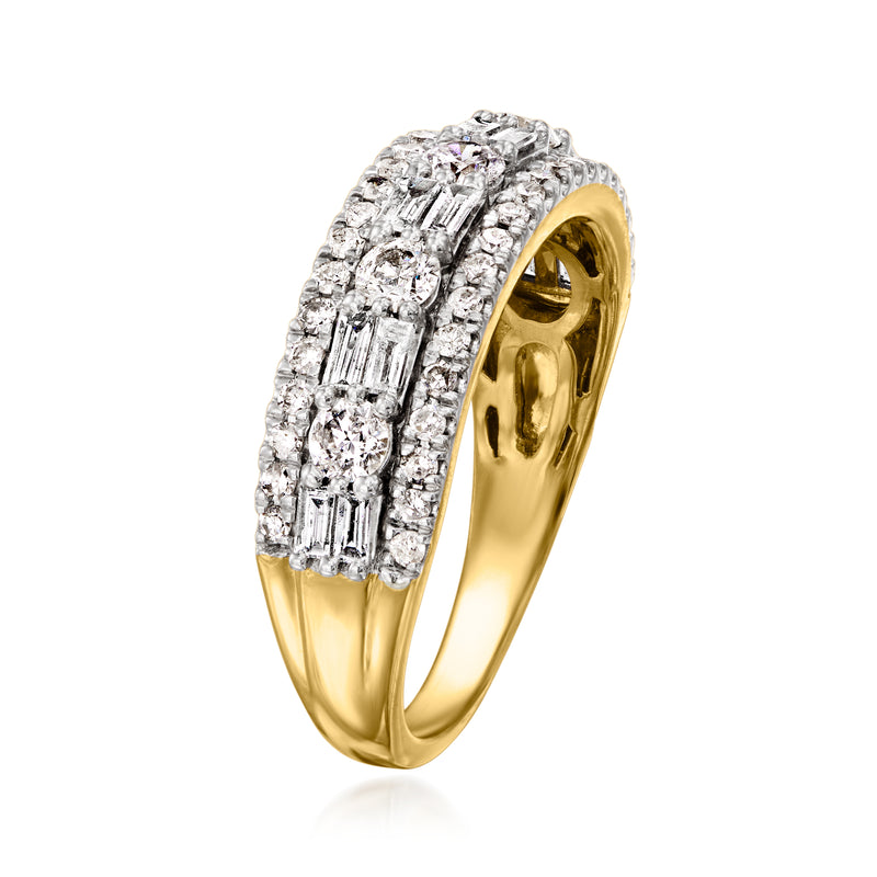 14kt yellow gold diamond ring with baguette and round stones