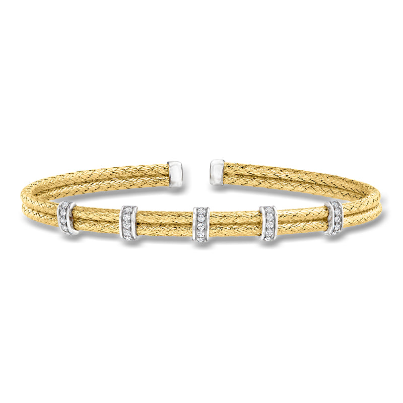 Two-row cuff bracelet with braided gold-tone finish and silver CZ station accents
