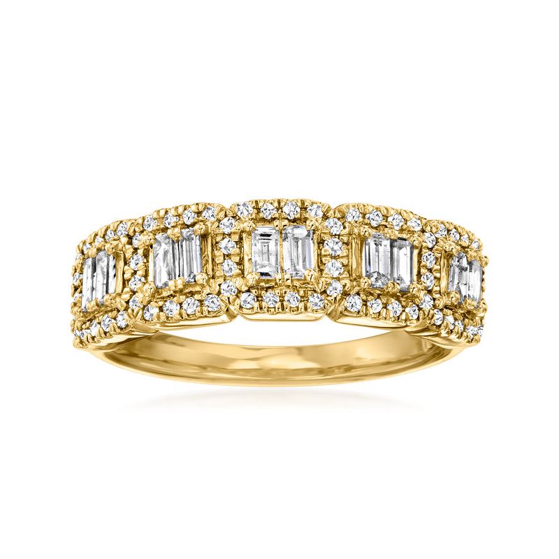 Diamond ring in 14kt yellow gold with baguette and round stones, full view