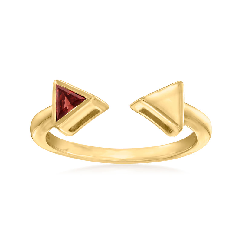 10kt yellow gold open-space arrow ring with dark red garnet triangle centerpiece