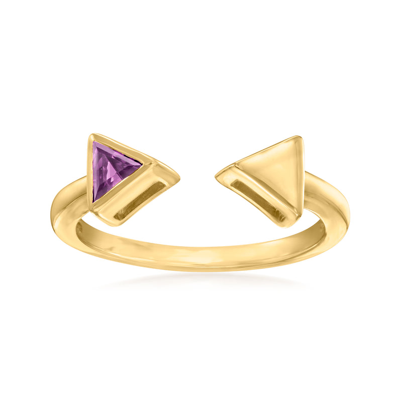 10kt yellow gold open-space arrow ring with amethyst triangular gemstone