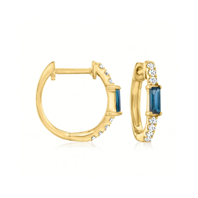 14kt yellow gold huggie hoop earrings with London blue topaz and small diamond accents