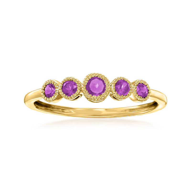 14kt yellow gold amethyst ring with five round purple gemstones
