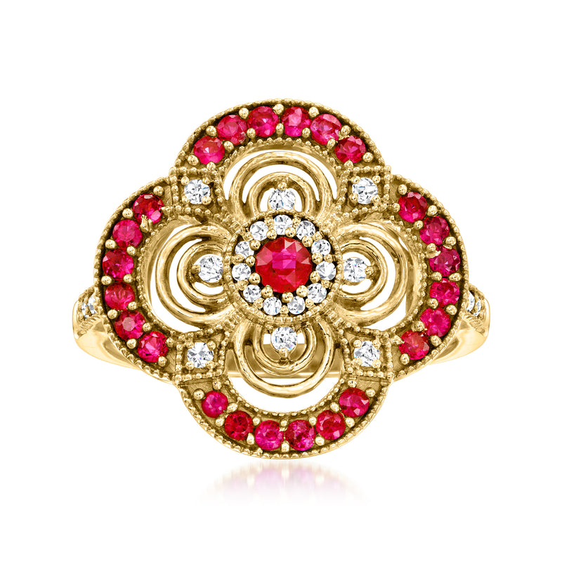 18kt gold over sterling ring with ruby halo and round diamond center