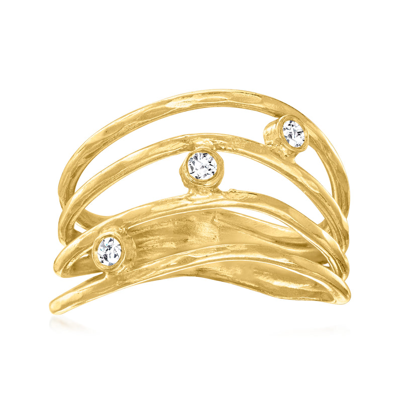 Gold multi-row wave ring with round bezel-set diamonds and bright polished finish