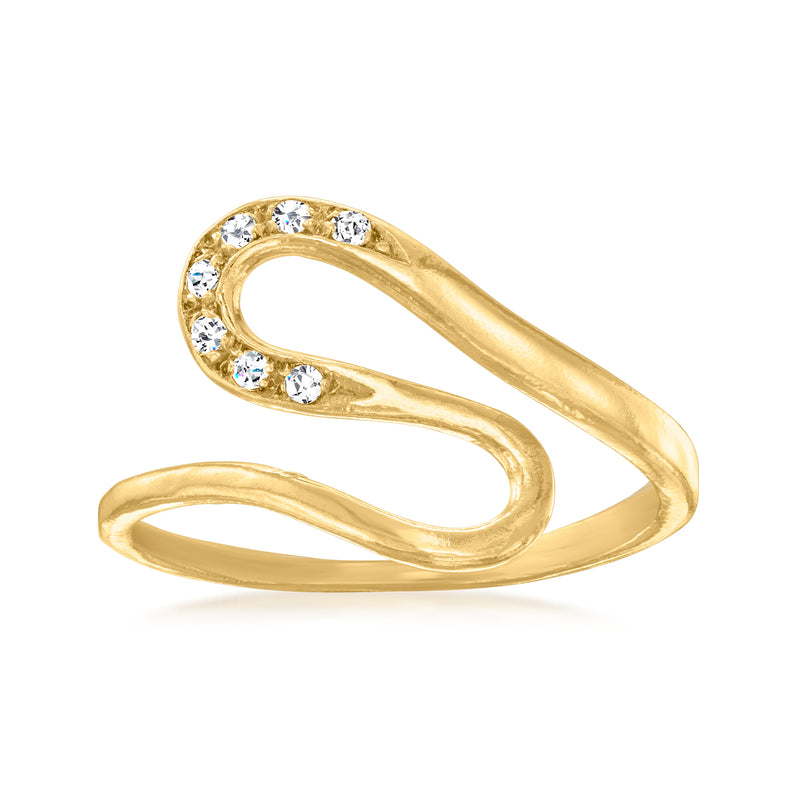 Gold wave ring with round diamond accents along the curved bands