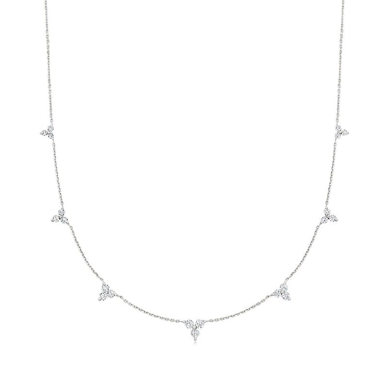 14kt white gold diamond flower station necklace with five floral stations on a fine chain
