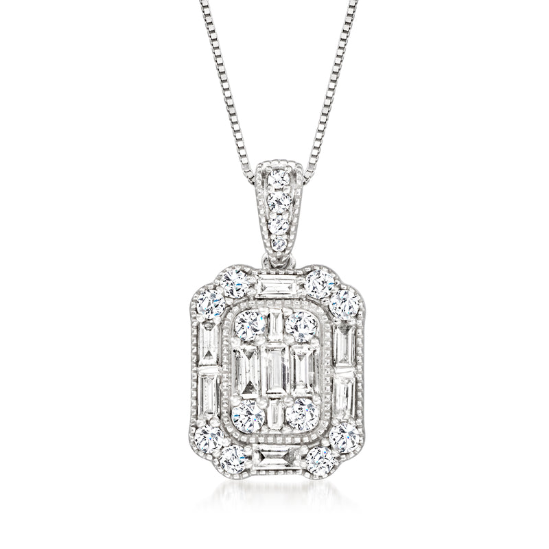 Square diamond cluster pendant necklace in 14kt white gold with baguette and round stones