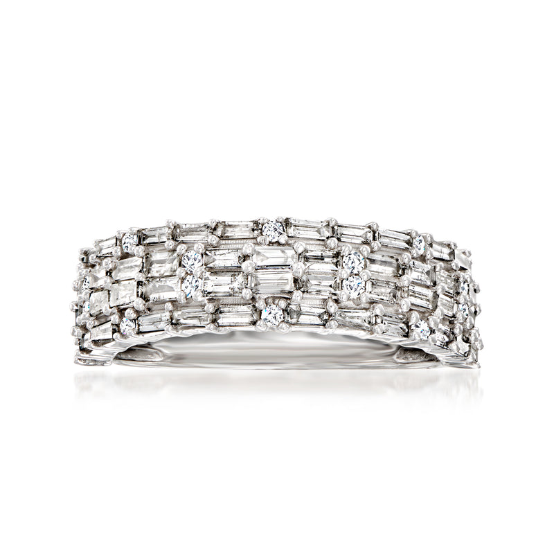 14kt white gold diamond ring with baguette and round stones, prong-set band