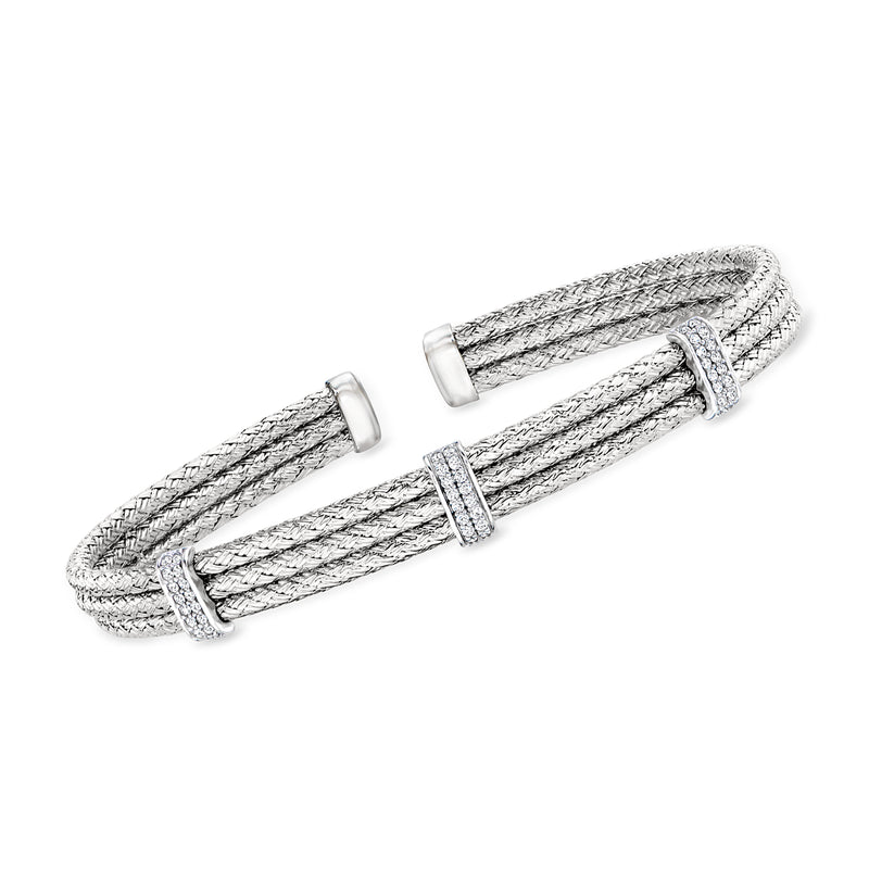 Sterling silver mesh cuff bracelet with CZ station, three-row design and hinged clasp