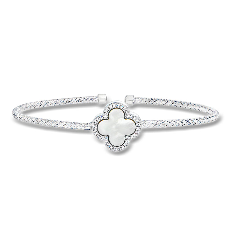 Sterling silver cuff bracelet with mother-of-pearl clover charm and CZ accents