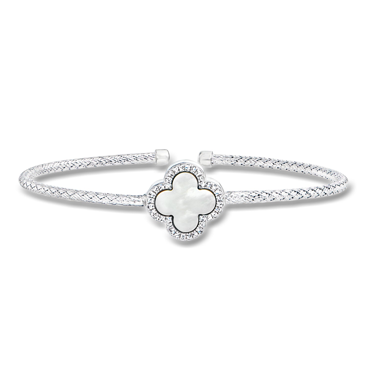 Charles Garnier "Color Me" Mother-of-Pearl Clover and .10 ct. t.w. CZ Cuff Bracelet in Sterling Silver