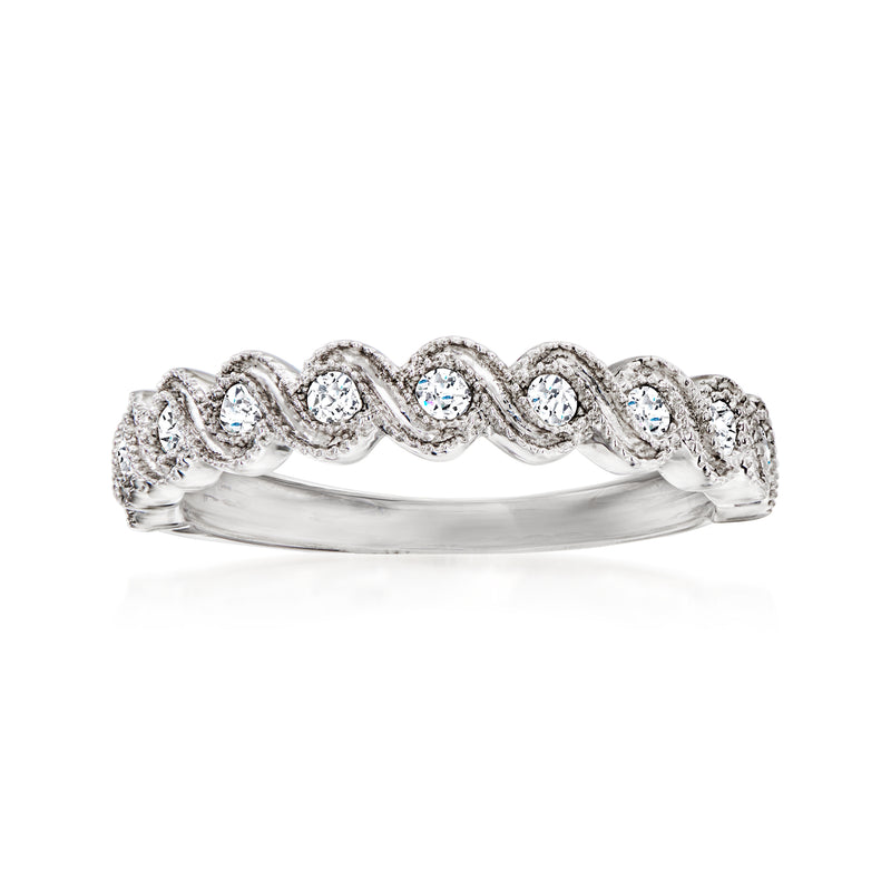 Sterling silver diamond wave ring with round circle stones on curved band
