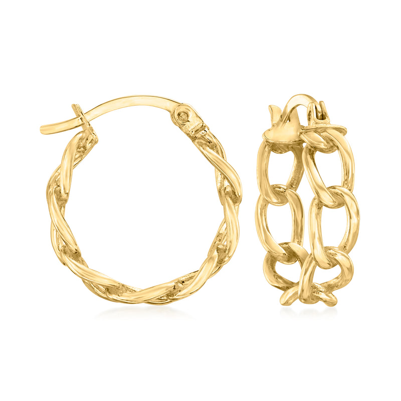 10kt yellow gold oval-link hoop earrings with hinged clasp, open oval profile.