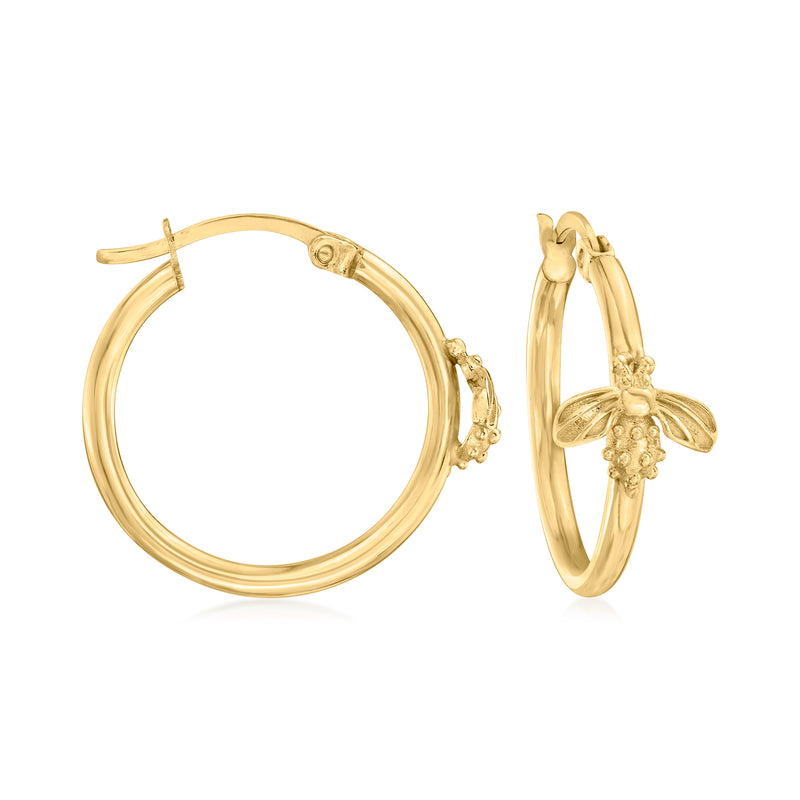 10kt yellow gold hoop earrings with small bee charm