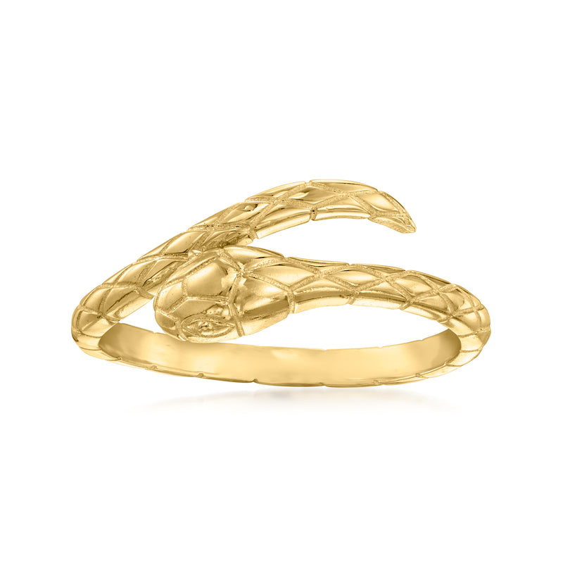 10kt yellow gold snake bypass ring with textured coiled snake design, polished band