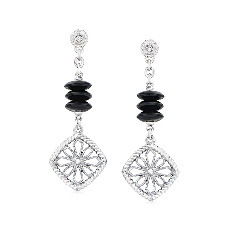 Sterling silver drop earrings with black onyx beads and geometric floral filigree charms