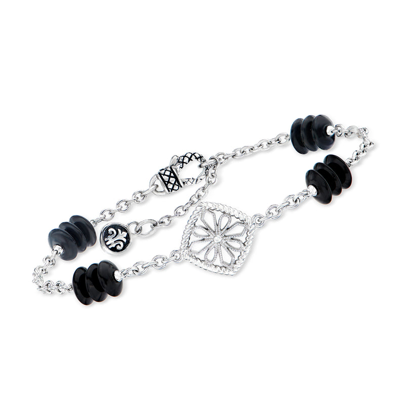 Sterling silver onyx bead station bracelet with geometric floral charms and diamond accents