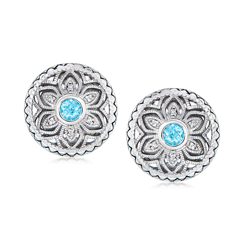 Floral Swiss blue topaz stud earrings in sterling silver with diamond accents