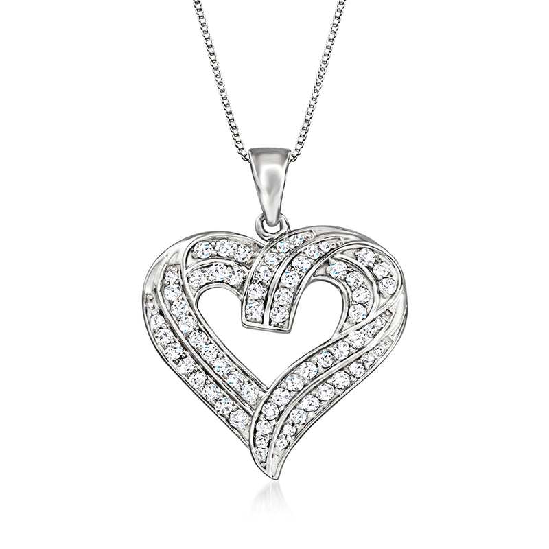 Sterling silver diamond heart pendant necklace with round stones, 1.00 ct t.w.