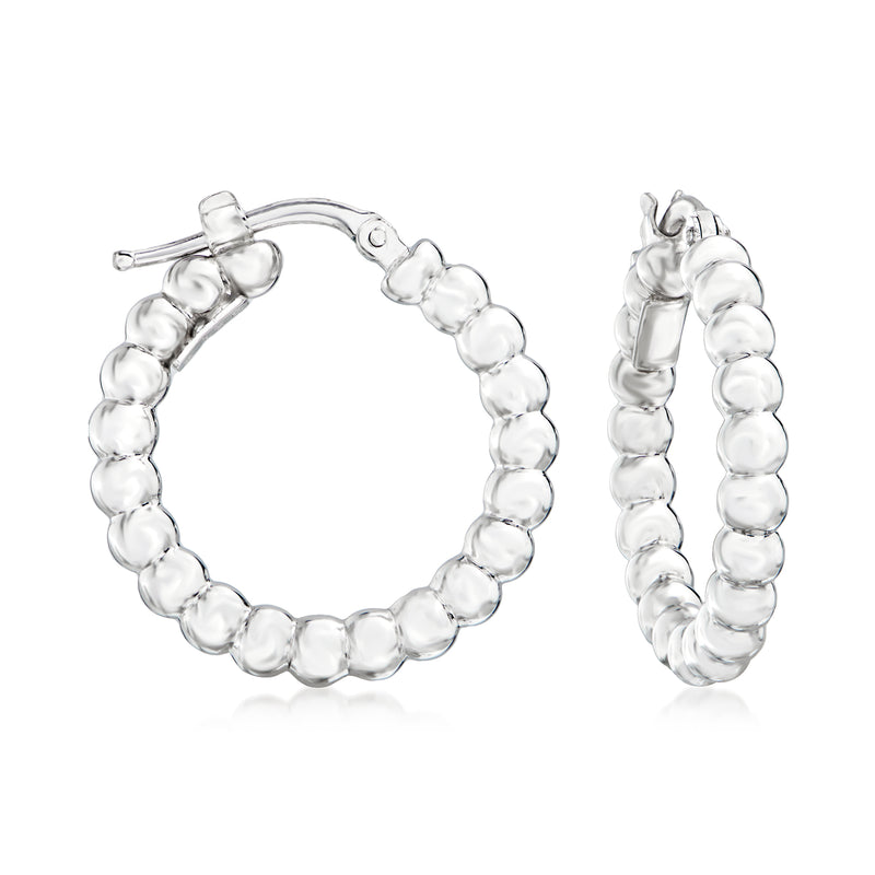 White gold beaded hoop earrings with rounded bead links and post backs