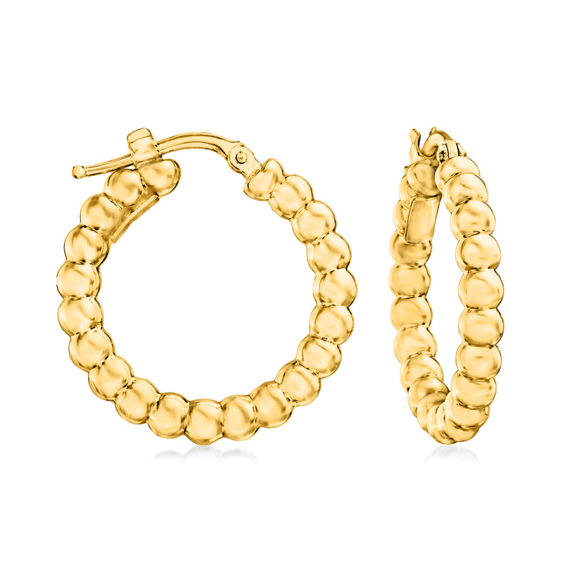 18kt yellow gold beaded hoop earrings, circular design with textured bead links