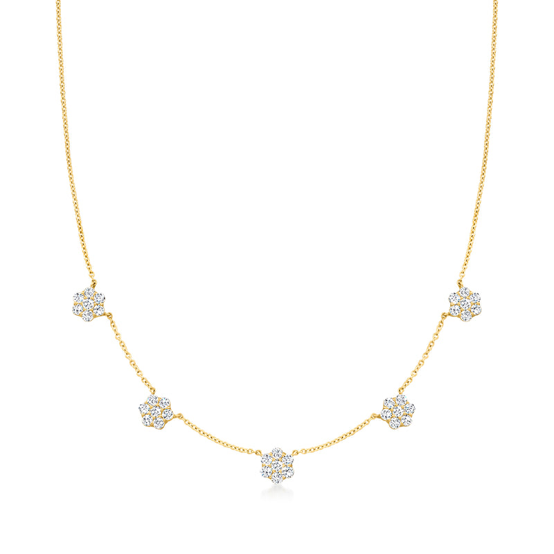 14kt yellow gold diamond flower necklace with five round diamond stations