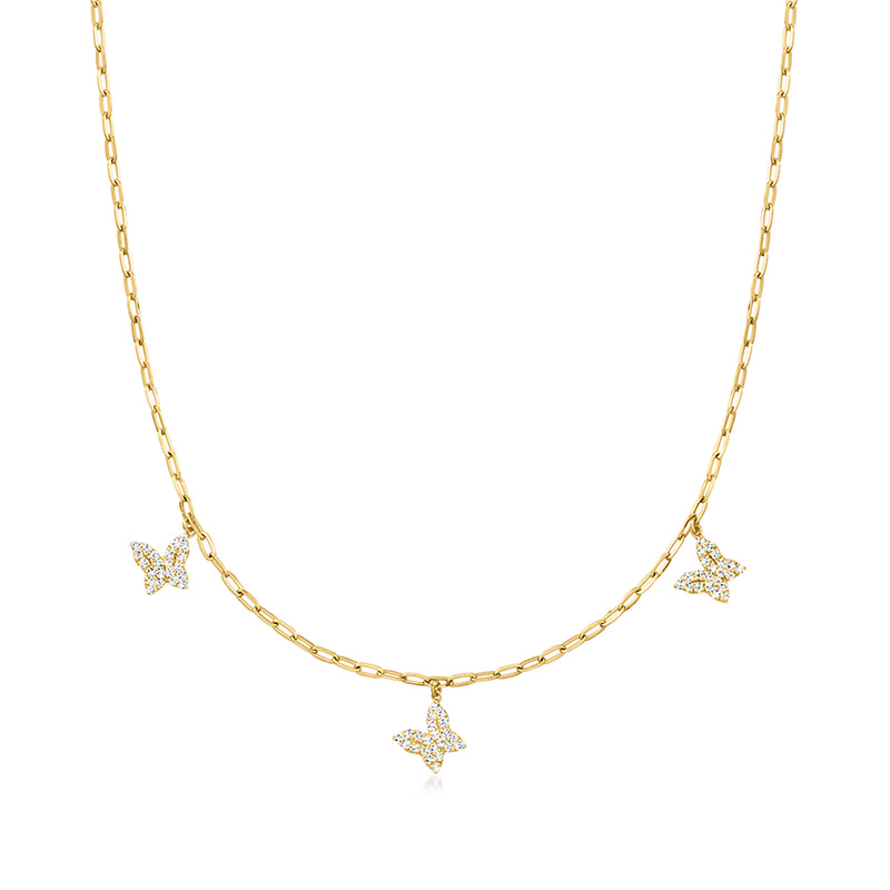 14kt yellow gold diamond butterfly paper clip link necklace with three butterfly charms