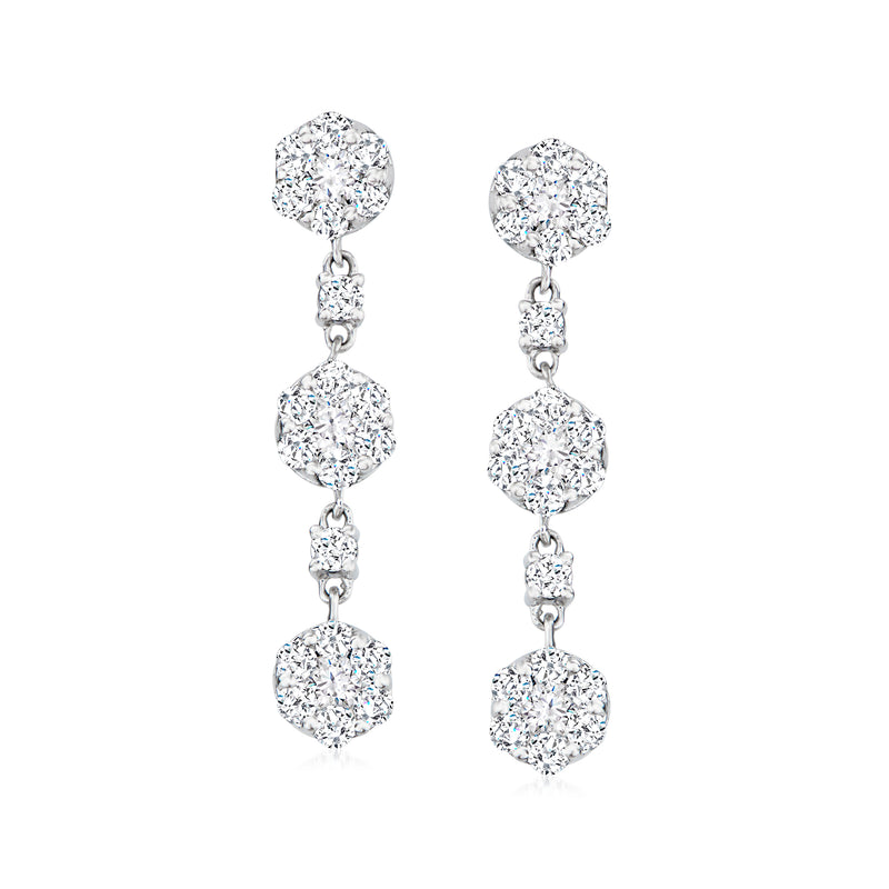 Diamond drop earrings in 14kt white gold with three floral round clusters
