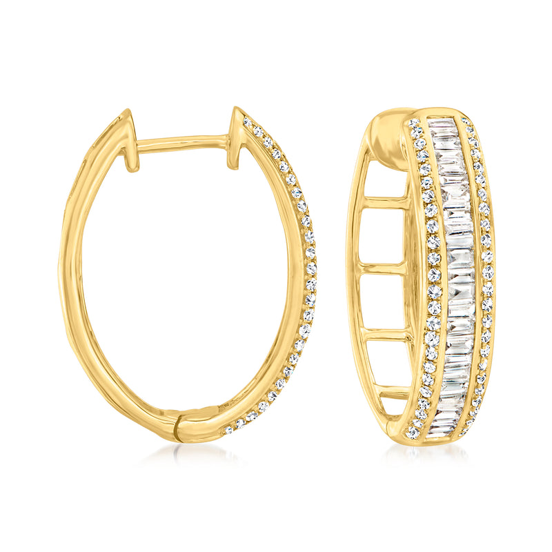 14kt yellow gold diamond hoop earrings with baguette and round stones, hinged back