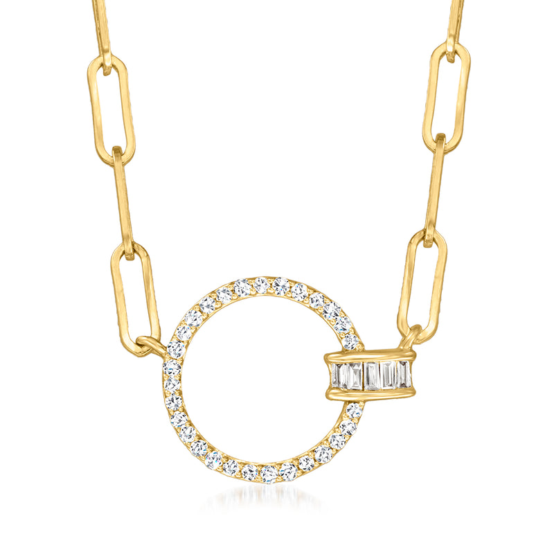 14kt yellow gold paper clip link necklace with diamond circle pendant and bar detail