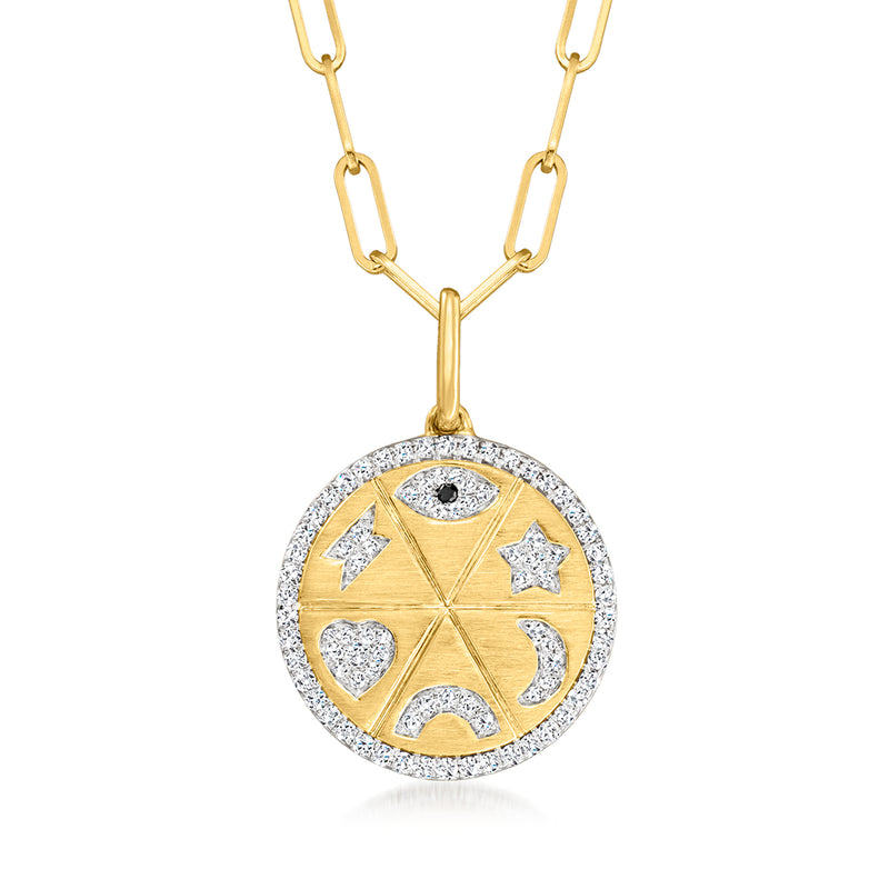 Round yellow gold diamond halo pendant with lucky symbol and dark center stone