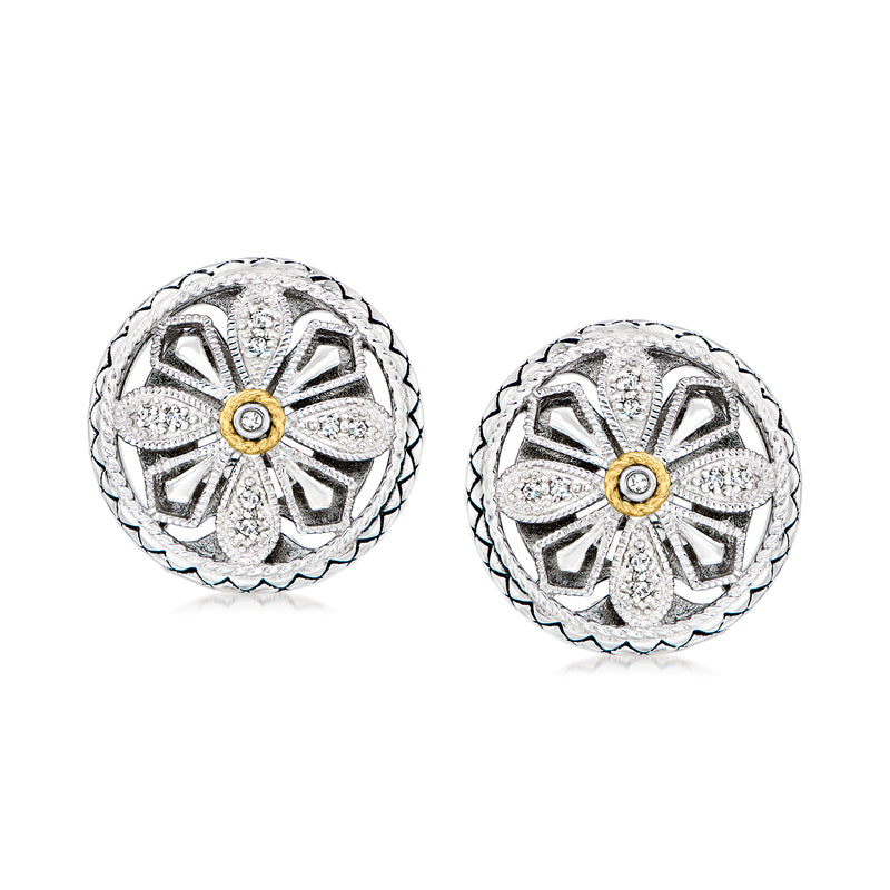 Sterling silver diamond floral stud earrings with 18kt yellow gold center