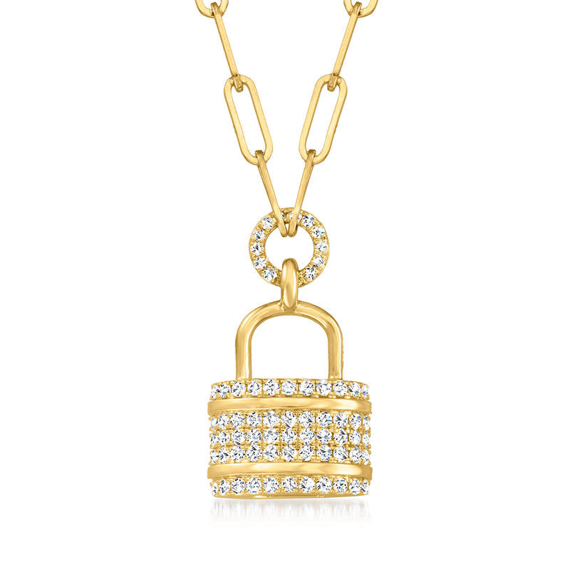 14kt yellow gold diamond lock pendant necklace with round diamond link and pave detail