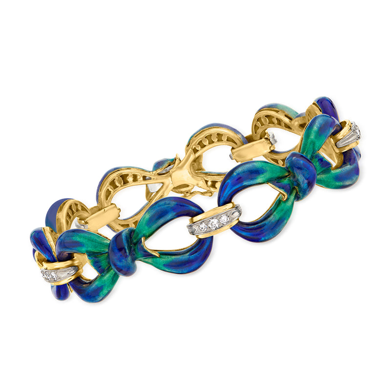 Gold enamel bow bracelet with blue and green oval links and tiny diamond accents