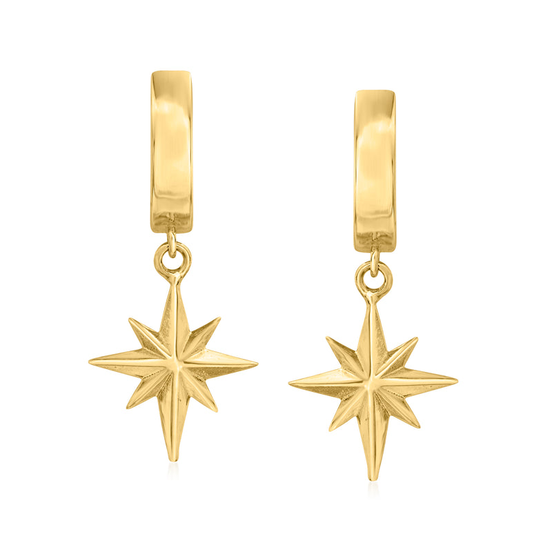 Yellow gold hoop drop earrings with dangling five-point star charms