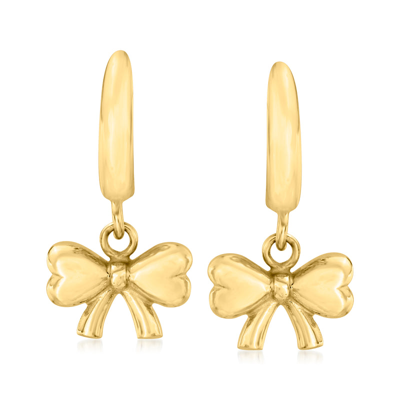 10kt yellow gold huggie hoop drop earrings with bow charm, polished finish