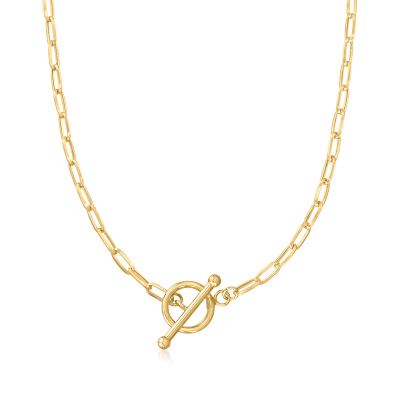 Yellow gold paper clip link toggle necklace with ball-and-loop clasp
