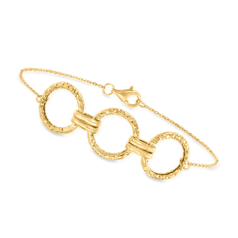 10kt yellow gold three-circle bracelet with textured ring links and lobster clasp