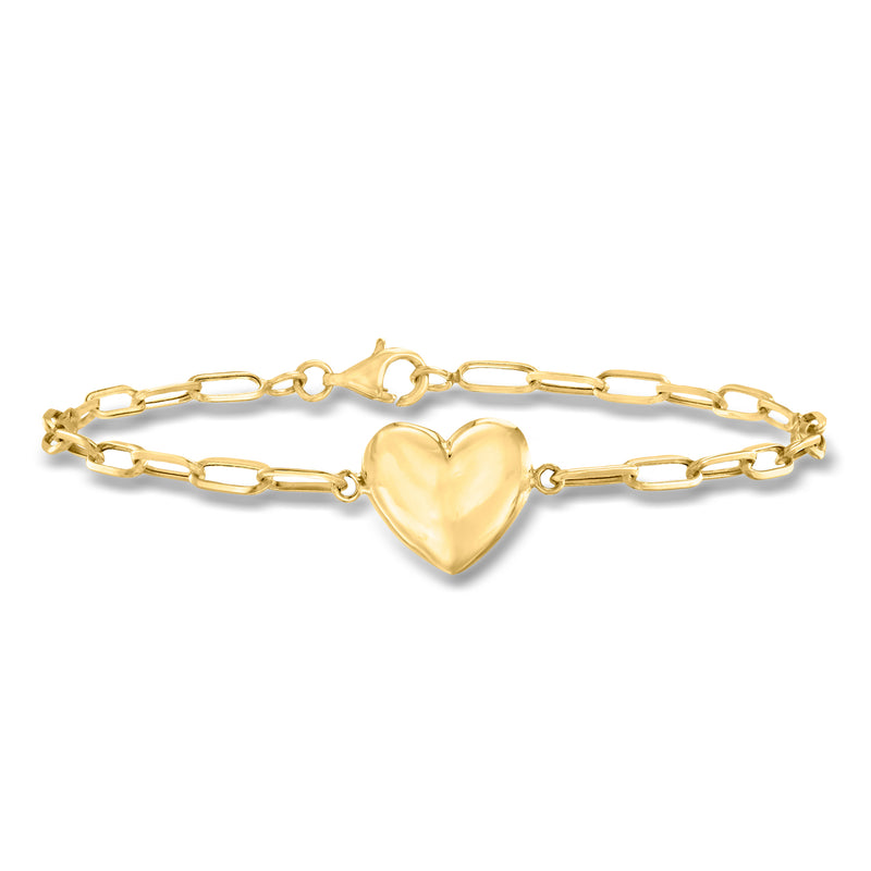 10kt yellow gold heart link bracelet with heart centerpiece and paper-clip chain