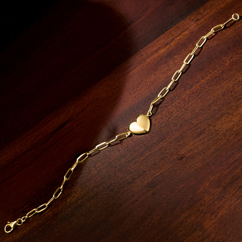 10kt yellow gold paper-clip chain bracelet with small heart charm and end ring